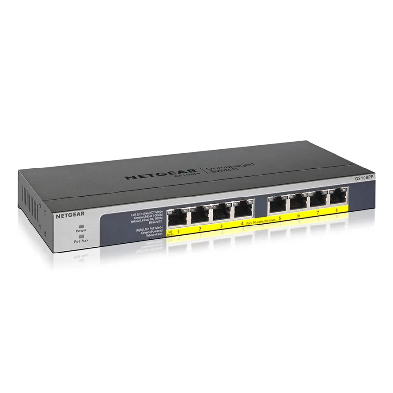 Netgear GS108PP-100EUS Switch Unmanaged Gigabit a 8 porte 10/100/1000Mbps tutte con Poe+ - Budget PoE di120W - Desktop/rack moun