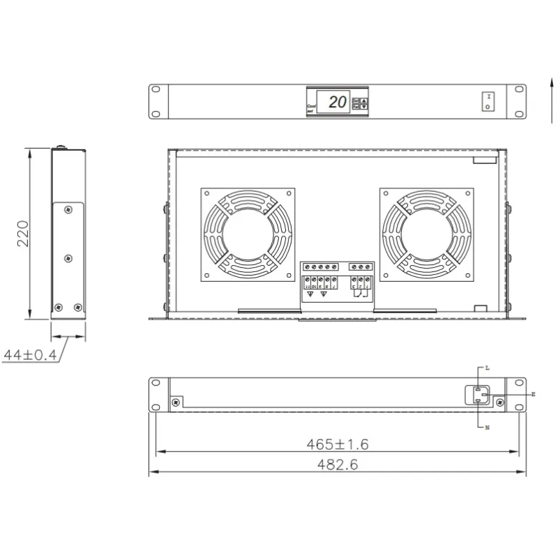 Gruppo 2 Ventole 1U per Rack 19'' con Termostato LED Nero