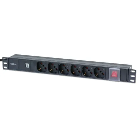 Multipresa 6 posti da rack 19'' con interruttore e 2 prese USB 1 HE