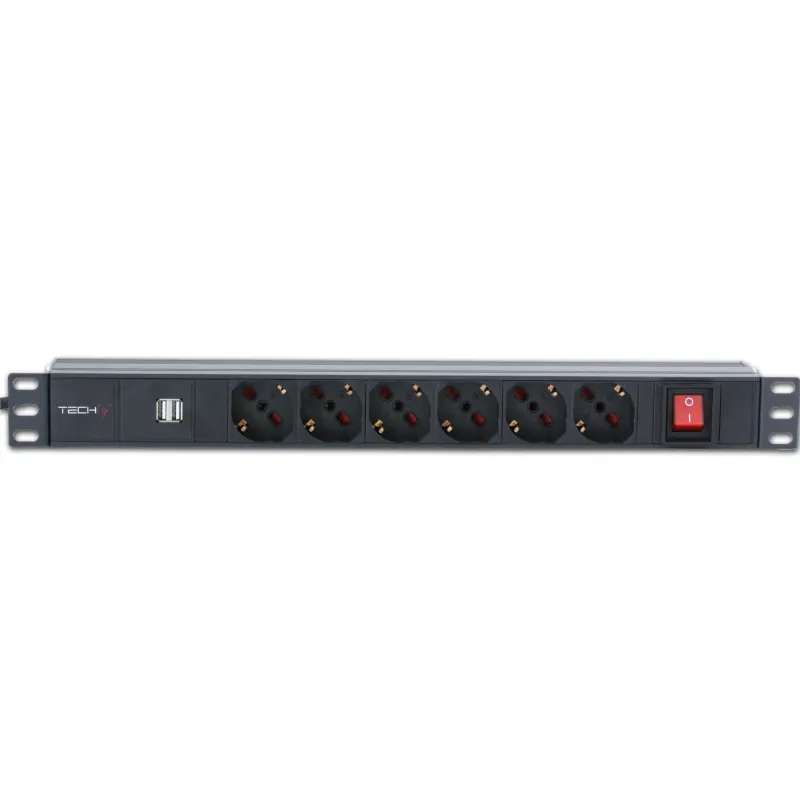 Multipresa 6 posti da rack 19'' con interruttore e 2 prese USB 1 HE