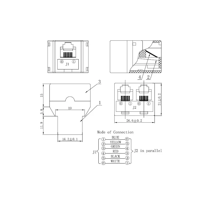 Accoppiatore telefonico 2x 6P6C F a 6P6C F