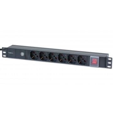 Multipresa 6 posti da rack 19'' con interruttore e 2 prese USB 1 HE