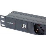 Multipresa 6 posti da rack 19'' con interruttore e 2 prese USB 1 HE