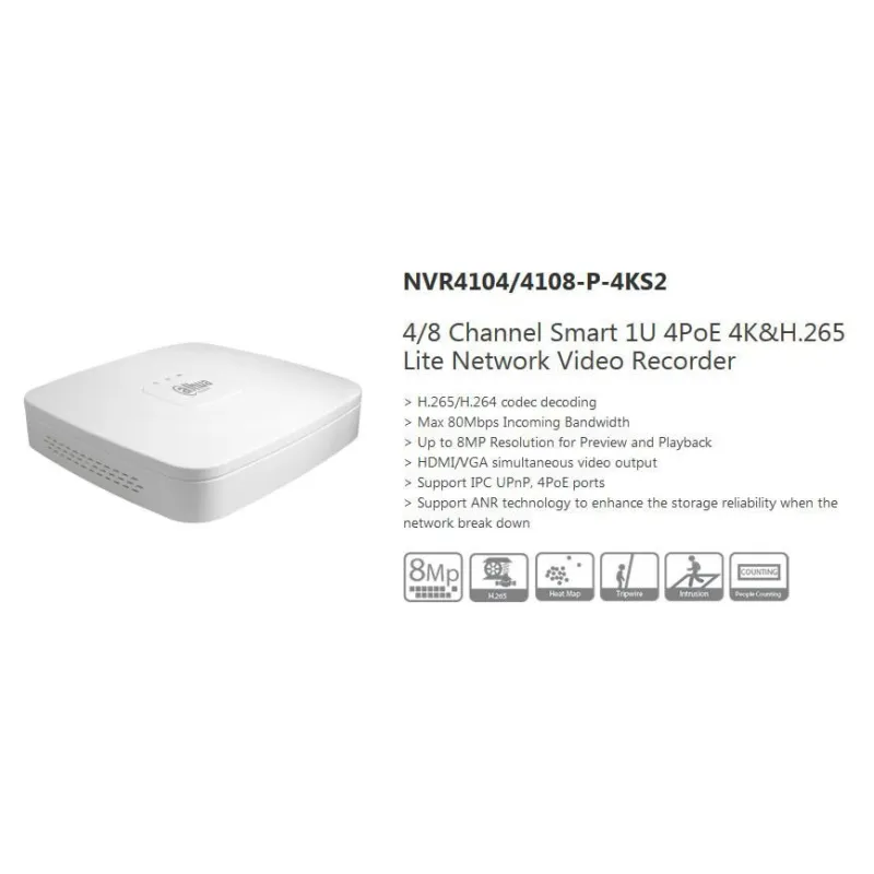 Dahua NVR4104-P-4KS2 4 canali 4 porte PoE