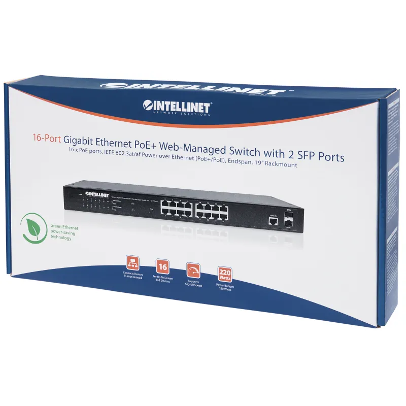 Switch 16 Porte Gigabit Ethernet PoE+ Web Managed con 2 Porte SFP