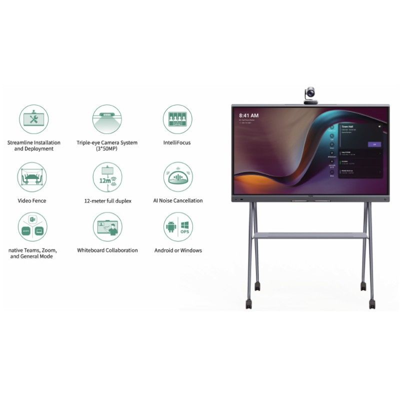 Monitor con videocamera e microfoni per teams zoom webex 3cx google.