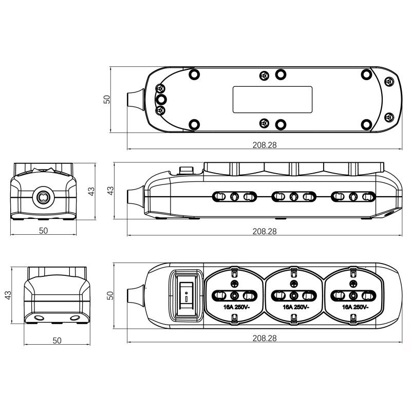 Presa Multipla a 6 Posti 10/16A Bipasso e 3 10/16A Bipasso Schuko con Interruttore