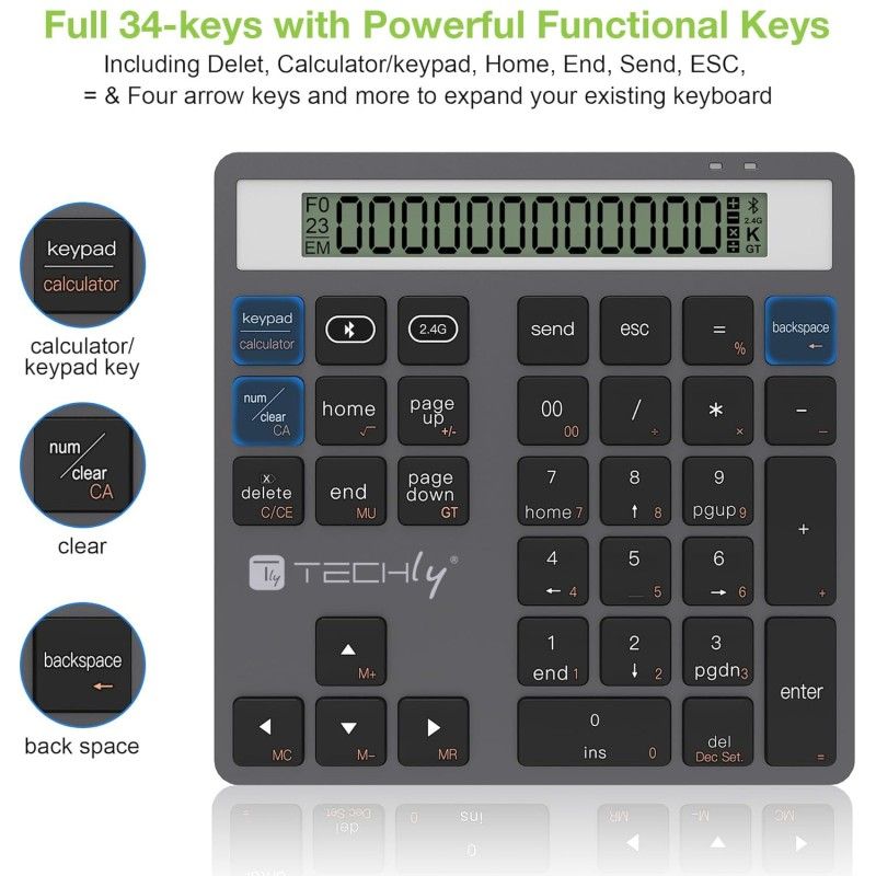 Tastierino Numerico BT V5.0 Wireless 2in1 con Calcolatrice Grigio Scuro
