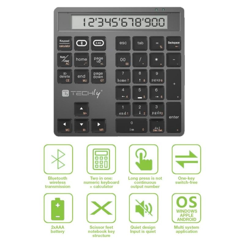Tastierino Numerico BT V5.0 Wireless 2in1 con Calcolatrice Grigio Scuro