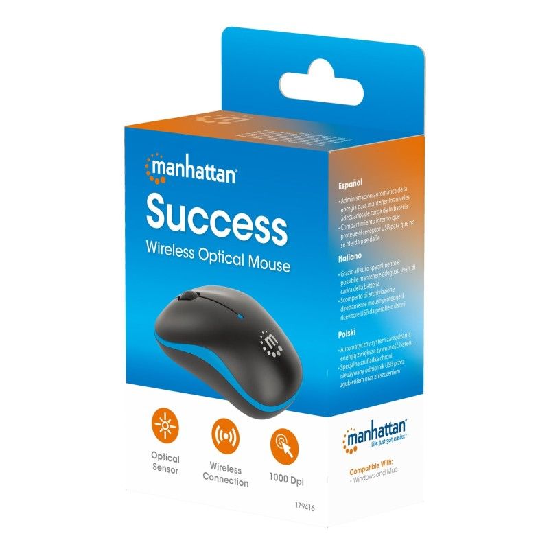 Mouse Ottico Wireless con Micro Ricevitore USB 1000 Dpi Nero/Azzurro