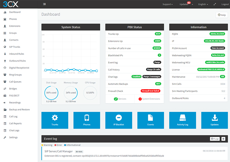 dashboard web 3cx v15